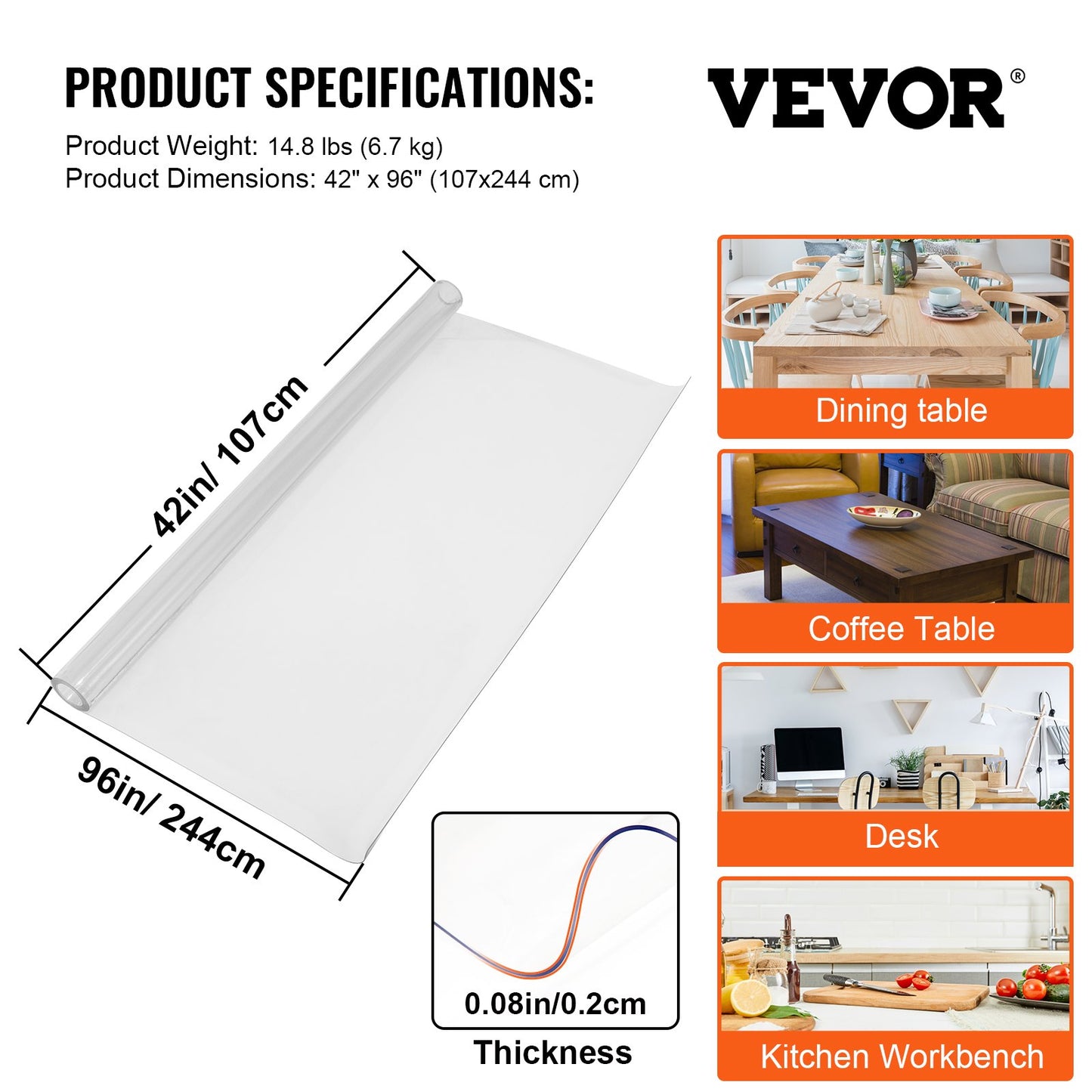 Thick Table Cover 96x 42 Inch Thick Clear Table Protector Clear PVC Tablecloth Table Top Protector 2mm Thick Table Cover Rectangular Table Pads for Dining Room Table Desk