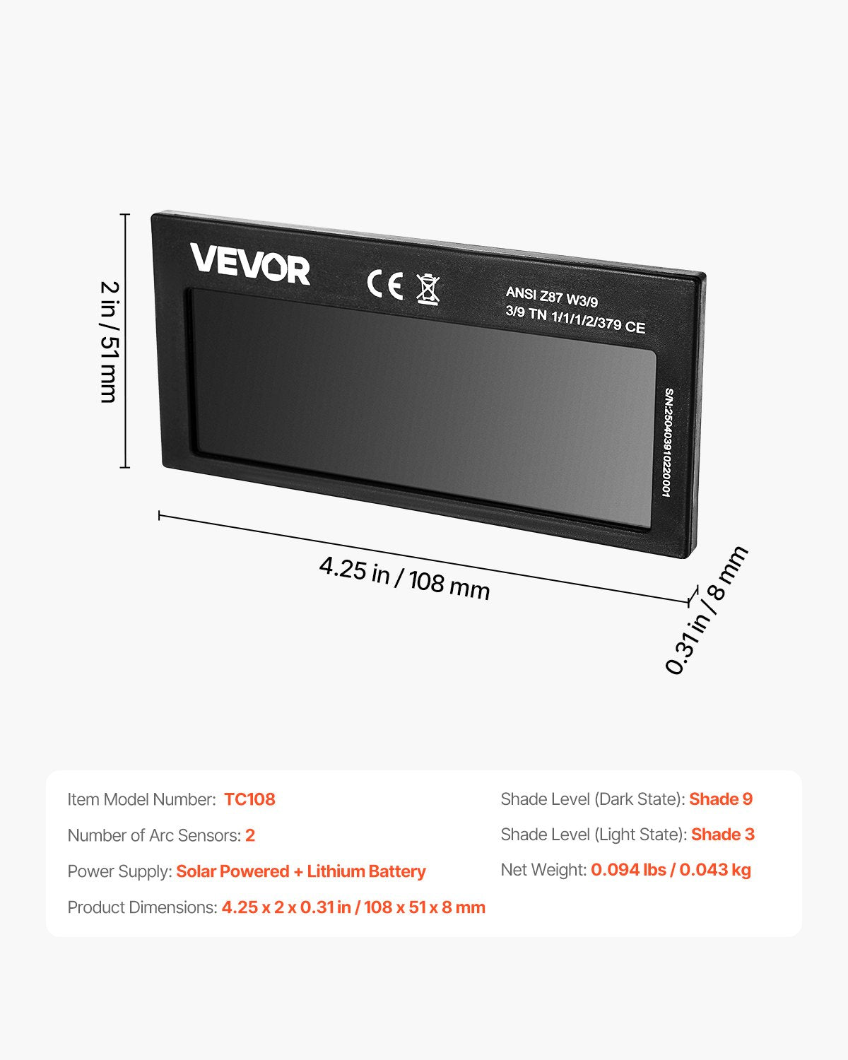 Auto Darkening Welding Lens 108 x 51 mm, Shade 9 True Color Welding Lens with Dual Arc Sensors, Compatible with Most Welding Helmets for TIG, MIG, MMA, ARC Applications