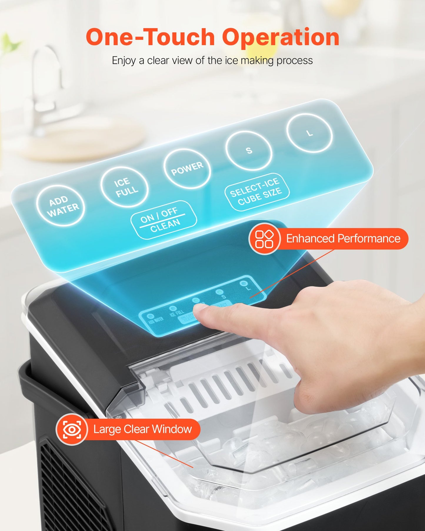 Countertop Ice Maker, 9 Cubes Ready in 6 Mins, 26lbs in 24Hrs, Self-Cleaning Portable Ice Maker with Ice Scoop and Basket, Ice Machine with 2 Sizes Bullet Ice for Home Kitchen Office Bar Party