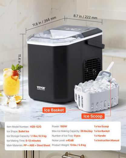 Countertop Ice Maker, 9 Cubes Ready in 6 Mins, 26lbs in 24Hrs, Self-Cleaning Portable Ice Maker with Ice Scoop and Basket, Ice Machine with 2 Sizes Bullet Ice for Home Kitchen Office Bar Party