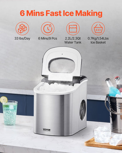 Countertop Ice Maker, 9 Cubes Ready in 6 Mins, 33lbs in 24Hrs, Self-Cleaning Portable Ice Maker with Ice Scoop and Basket, Ice Machine with 2 Sizes Bullet Ice for Home Kitchen Office Bar Party