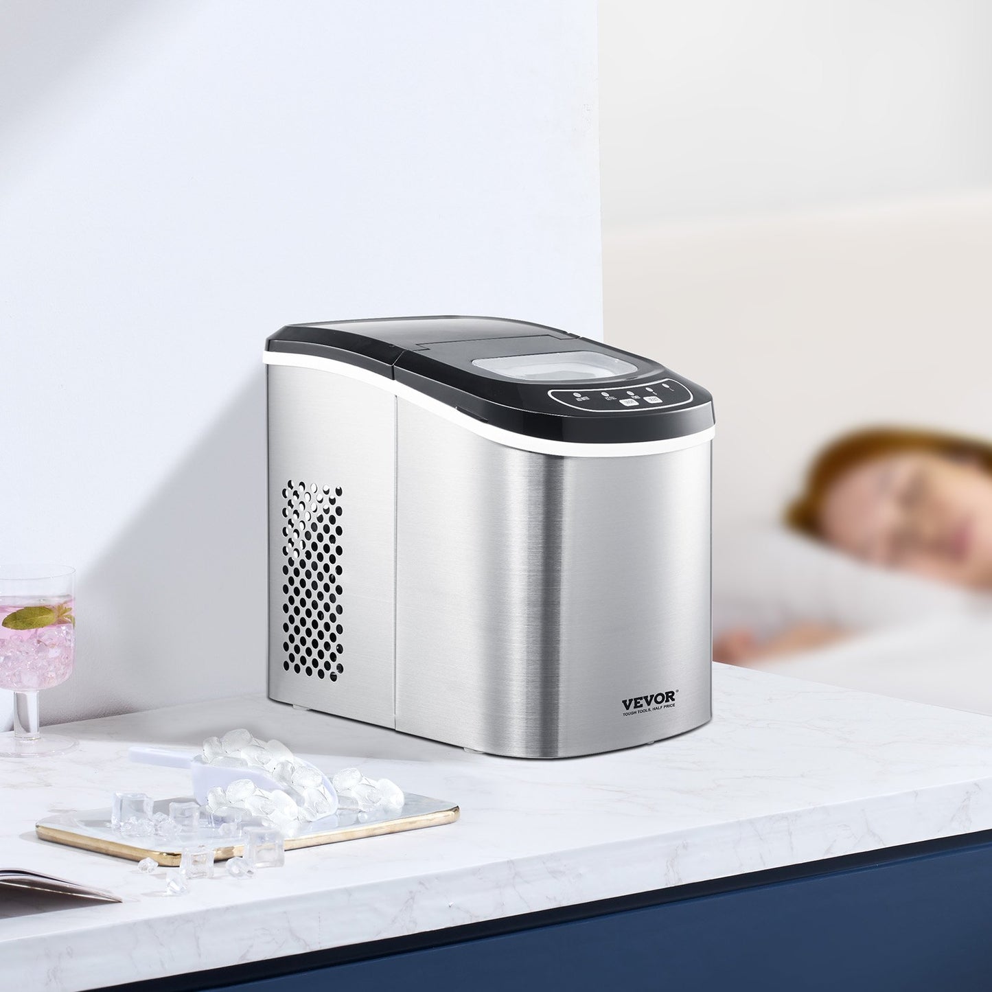 Countertop Ice Maker, 9 Cubes Ready in 6 Mins, 33lbs in 24Hrs, Self-Cleaning Portable Ice Maker with Ice Scoop and Basket, Ice Machine with 2 Sizes Bullet Ice for Home Kitchen Office Bar Party