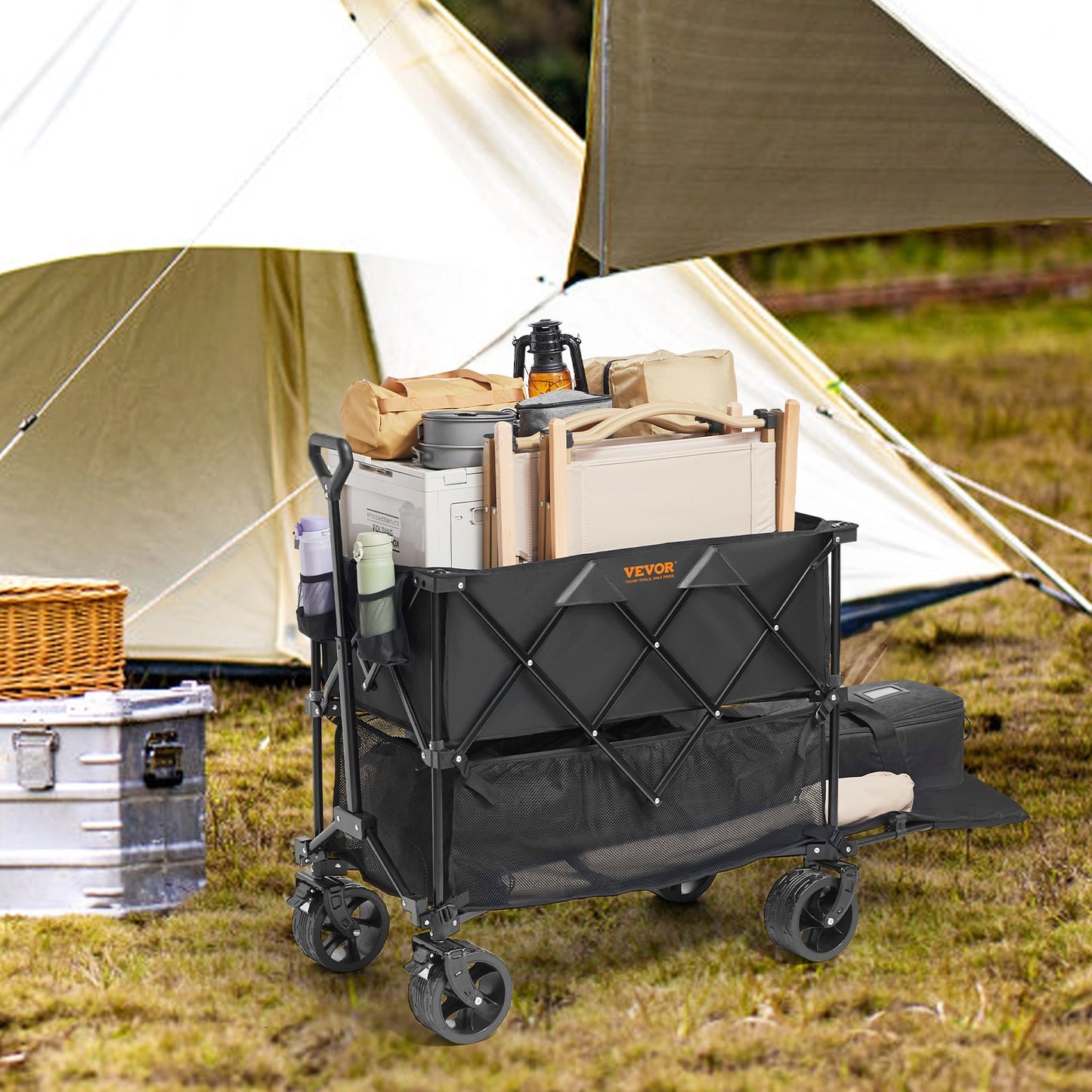 Hopfällbar dubbeldäckare, 400L hopfällbar vagn med terränghjul, kraftig hopfällbar vagn, viktkapacitet 147-227 kg för camping, shopping, trädgård, 132 cm extra lång förlängare