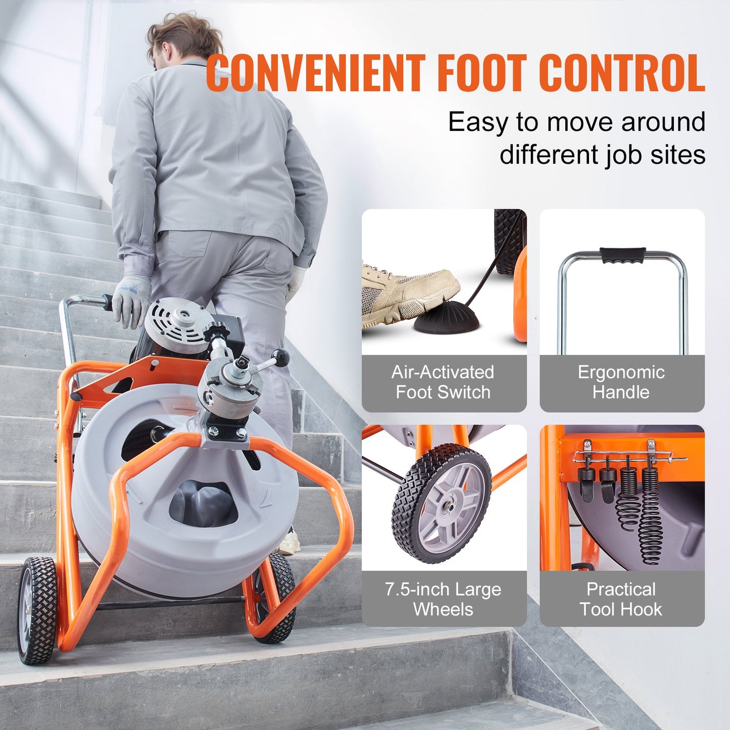 Drain Cleaner Machine 75FT x 1/2 Inch, Auto Feed Sewer Snake Drain Auger on Wheels, Portable Drain Cleaning Machine with 8 Cutters & Air-activated Foot Switch for 2" to 4" Pipes