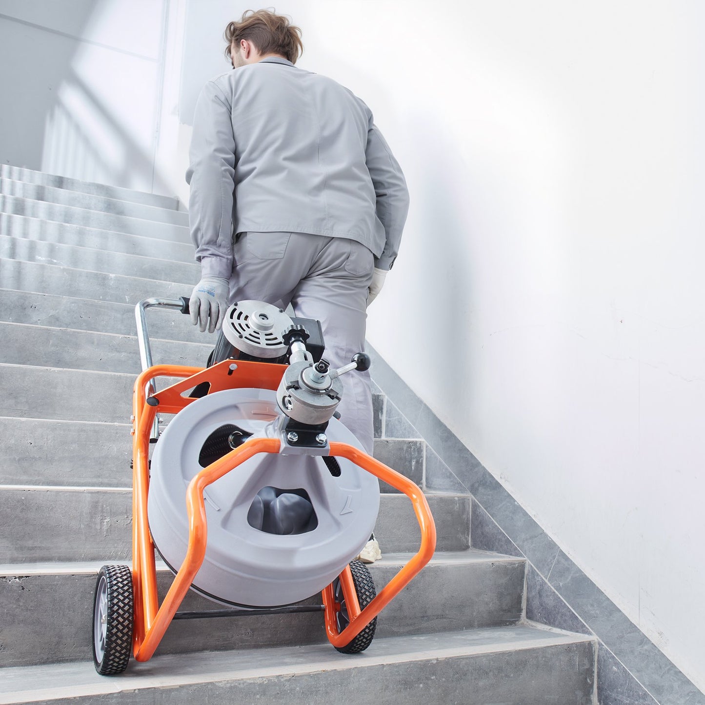 Drain Cleaner Machine 75FT x 1/2 Inch, Auto Feed Sewer Snake Drain Auger on Wheels, Portable Drain Cleaning Machine with 8 Cutters & Air-activated Foot Switch for 2" to 4" Pipes