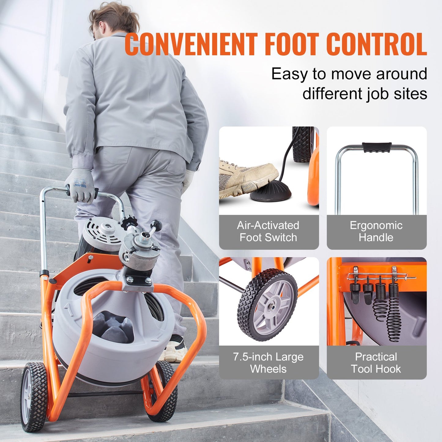 Drain Cleaner Machine 30.5m x 9.5mm Auto Feed with Wheels & 8 Cutters