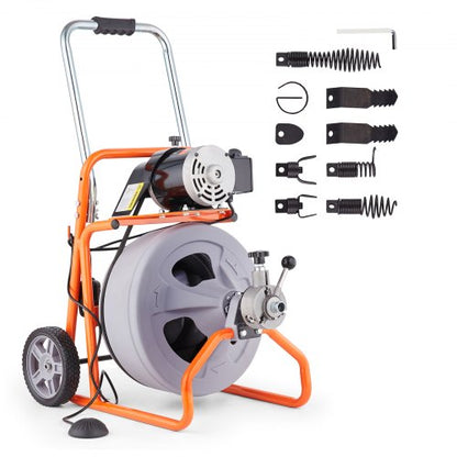 Drain Cleaner Machine 100FT x 1/2 Inch, Auto Feed Sewer Snake Drain Auger on Wheels, Portable Drain Cleaning Machine with 8 Cutters & Air-activated Foot Switch for 2" to 4" Pipes