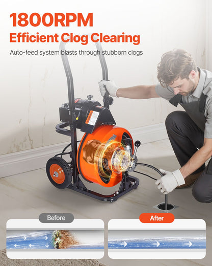 Drain Cleaner Machine Electric Drain Auger 50 FT x 3/8 In Auto Feed