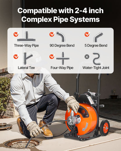 Drain Cleaner Machine Electric Drain Auger 50 FT x 3/8 In Auto Feed