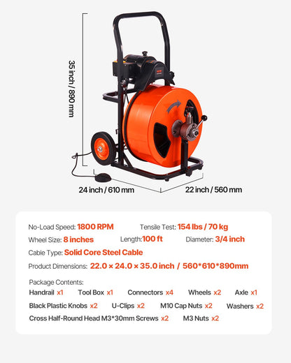 Drain Cleaner Machine Electric Drain Auger 30.5m x 19mm Auto Feed