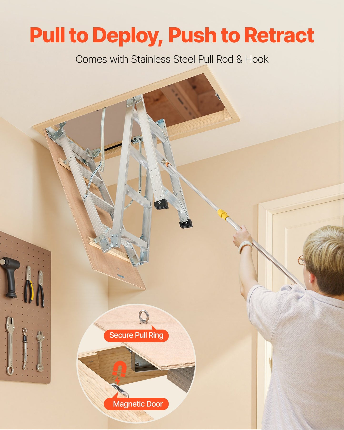 Attic Ladder, 375LBS / 170KG Capacity, 9.8 to 10.3 ft / 3 to 3.13 m Height Adjustable, Multi-Purpose Foldable Aluminium Attic Stairs, Fits 7.66 to 10.25 ft Ceiling Heights for Convenient Access