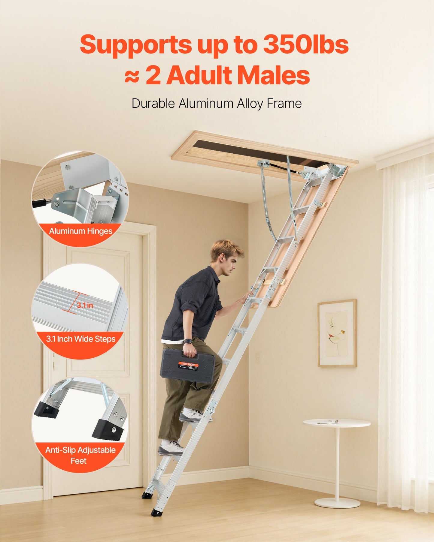 Attic Ladder, 375LBS / 170KG Capacity, 9.8 to 10.3 ft / 3 to 3.13 m Height Adjustable, Multi-Purpose Foldable Aluminium Attic Stairs, Fits 7.66 to 10.25 ft Ceiling Heights for Convenient Access