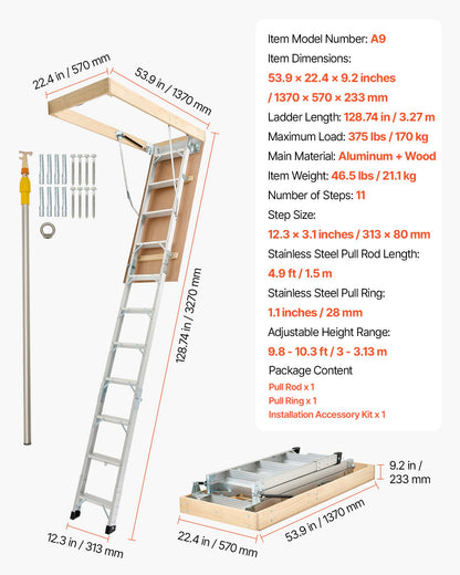 Attic Ladder, 375LBS / 170KG Capacity, 9.8 to 10.3 ft / 3 to 3.13 m Height Adjustable, Multi-Purpose Foldable Aluminium Attic Stairs, Fits 7.66 to 10.25 ft Ceiling Heights for Convenient Access