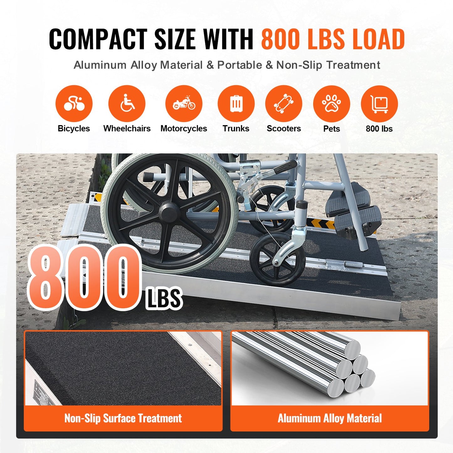 Portable Wheelchair Ramp, 61 cm 362.9 kg Capacity, Non-Slip Aluminum Folding Threshold Ramp, Foldable Mobility Scooter Ramp Wheel Chair Ramp, Handicap Ramp for Home Steps, Stairs, Doorways, Curbs