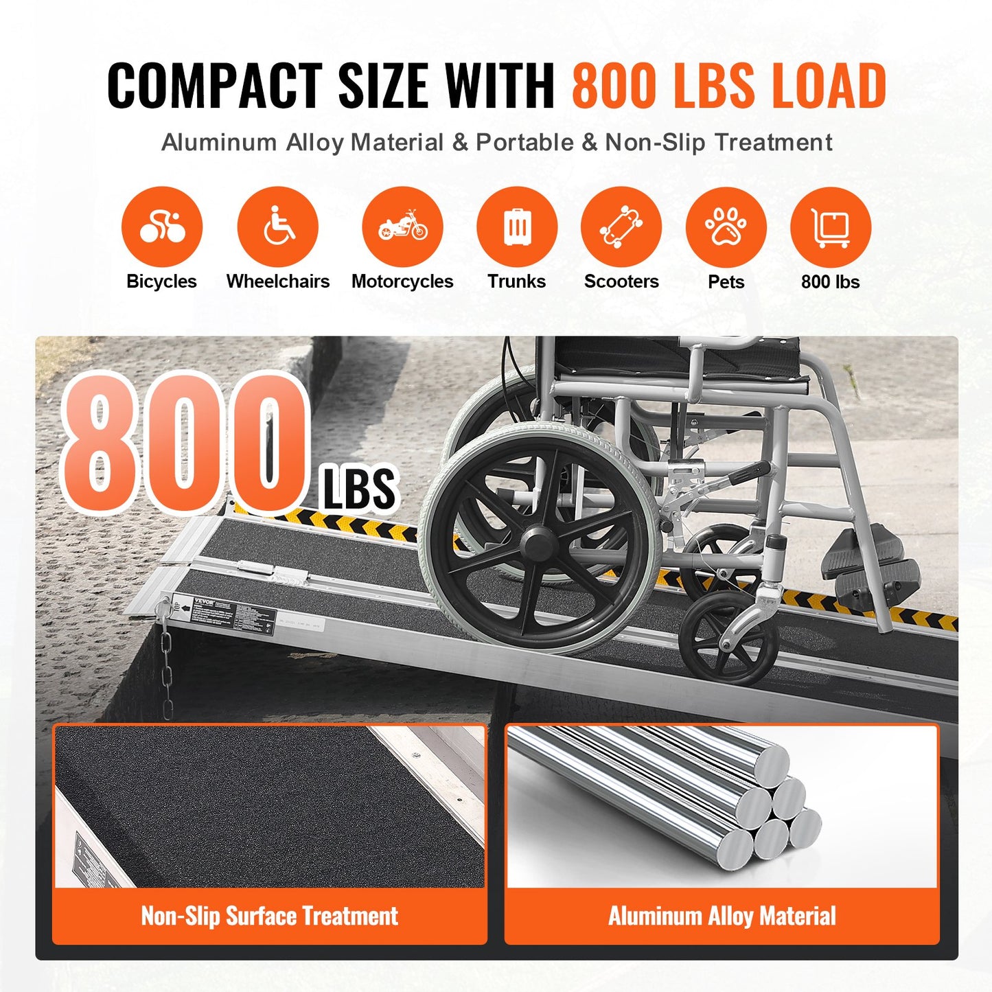 Portable Wheelchair Ramp, 182.9 cm 362.9 kg Capacity, Non-Slip Aluminum Folding Threshold Ramp, Foldable Mobility Scooter Ramp Wheel Chair Ramp, Handicap Ramp for Home Steps, Stairs, Doorways, Curbs