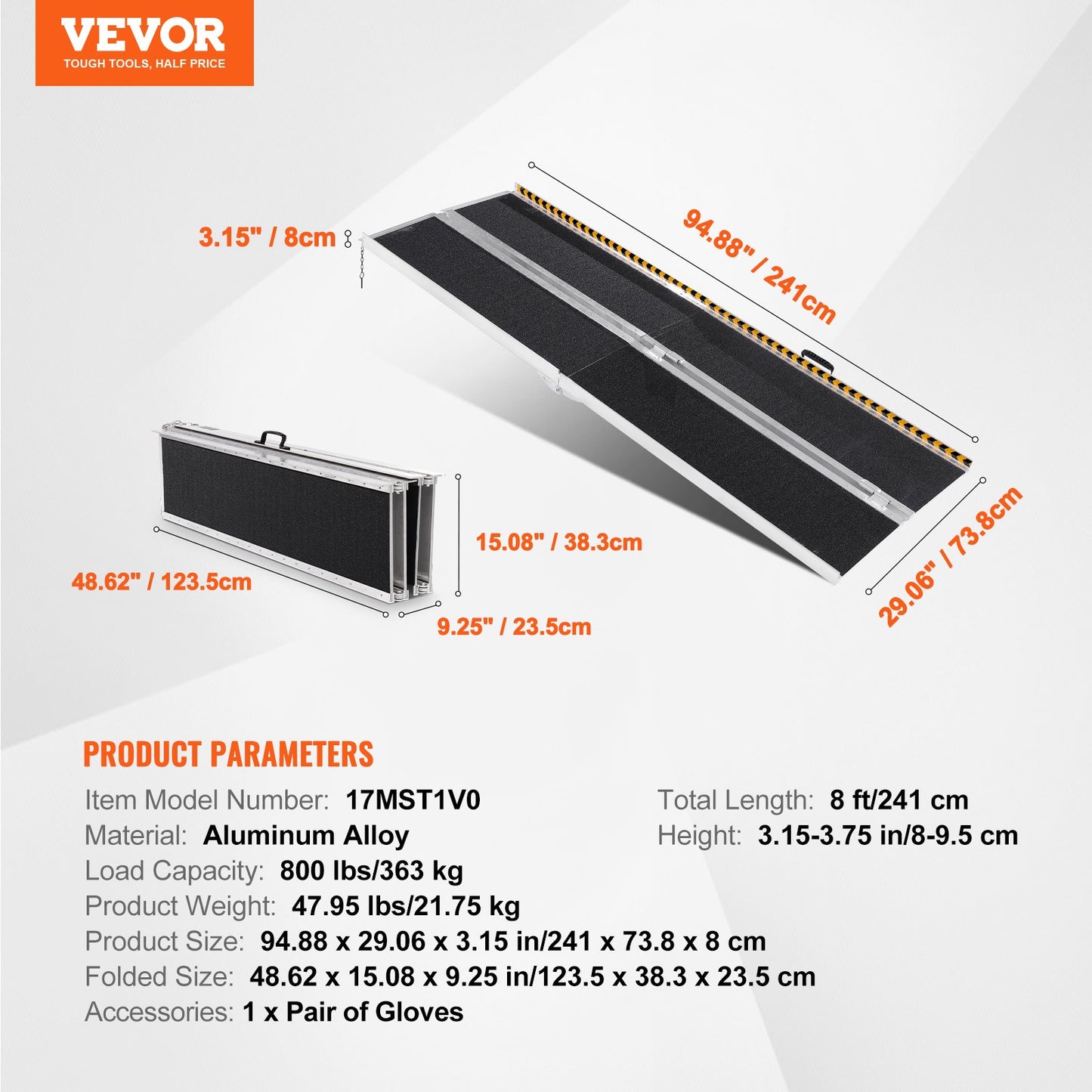 Portable Wheelchair Ramp, 243.8 cm 363 kg Capacity, Non-Slip Aluminum Folding Threshold Ramp, Foldable Mobility Scooter Ramp Wheel Chair Ramp, Handicap Ramp for Home Steps, Stairs, Doorways, Curbs