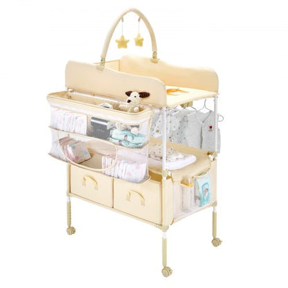 Baby Changing Table, Foldable Diaper Change Station with 2 Fabric Drawers, Side Basket & Hanging Rod, Adjustable Height Portable Changing Table with Lockable Wheels & 2 Star Toys, Light Beige