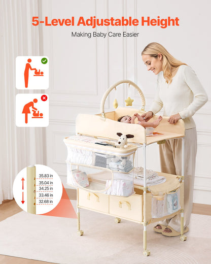 Baby Changing Table, Foldable Diaper Change Station with 2 Fabric Drawers, Side Basket & Hanging Rod, Adjustable Height Portable Changing Table with Lockable Wheels & 2 Star Toys, Light Beige