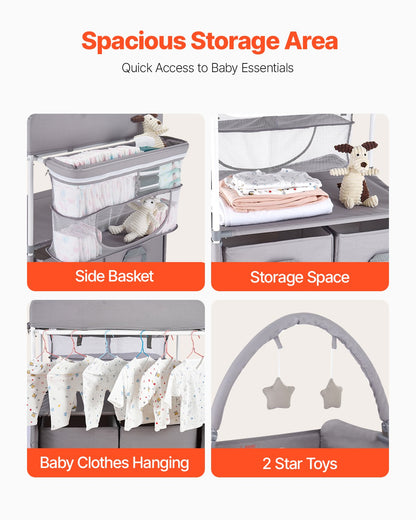 Baby Changing Table, Foldable Diaper Change Station with 2 Fabric Drawers, Side Basket & Hanging Rod, Adjustable Height Portable Changing Table with Lockable Wheels & 2 Star Toys, Light Gray