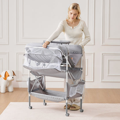 Baby Changing Table, Foldable Diaper Change Station with 2 Fabric Drawers, Side Basket & Hanging Rod, Adjustable Height Portable Changing Table with Lockable Wheels & 2 Star Toys, Light Gray