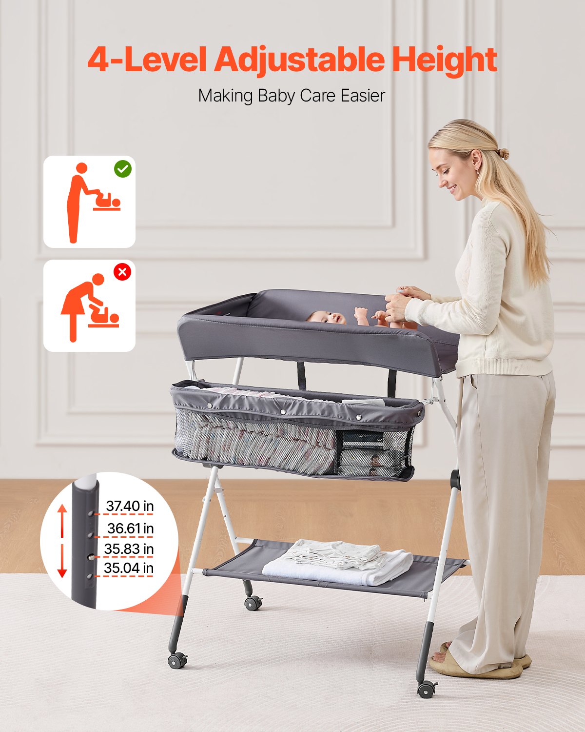 Baby Changing Table, Foldable Diaper Change Station with Side Basket, Adjustable Height Portable Changing Table with Lockable Wheels, Multi-Functional Storage Organizer Nursery, Dark Gray
