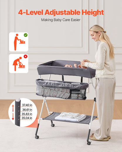 Baby Changing Table, Foldable Diaper Change Station with Side Basket, Adjustable Height Portable Changing Table with Lockable Wheels, Multi-Functional Storage Organizer Nursery, Dark Gray