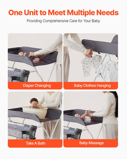 Baby Changing Table, Foldable Diaper Change Station with Side Basket, Adjustable Height Portable Changing Table with Lockable Wheels, Multi-Functional Storage Organizer Nursery, Dark Gray