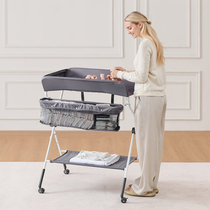 Baby Changing Table, Foldable Diaper Change Station with Side Basket, Adjustable Height Portable Changing Table with Lockable Wheels, Multi-Functional Storage Organizer Nursery, Dark Gray