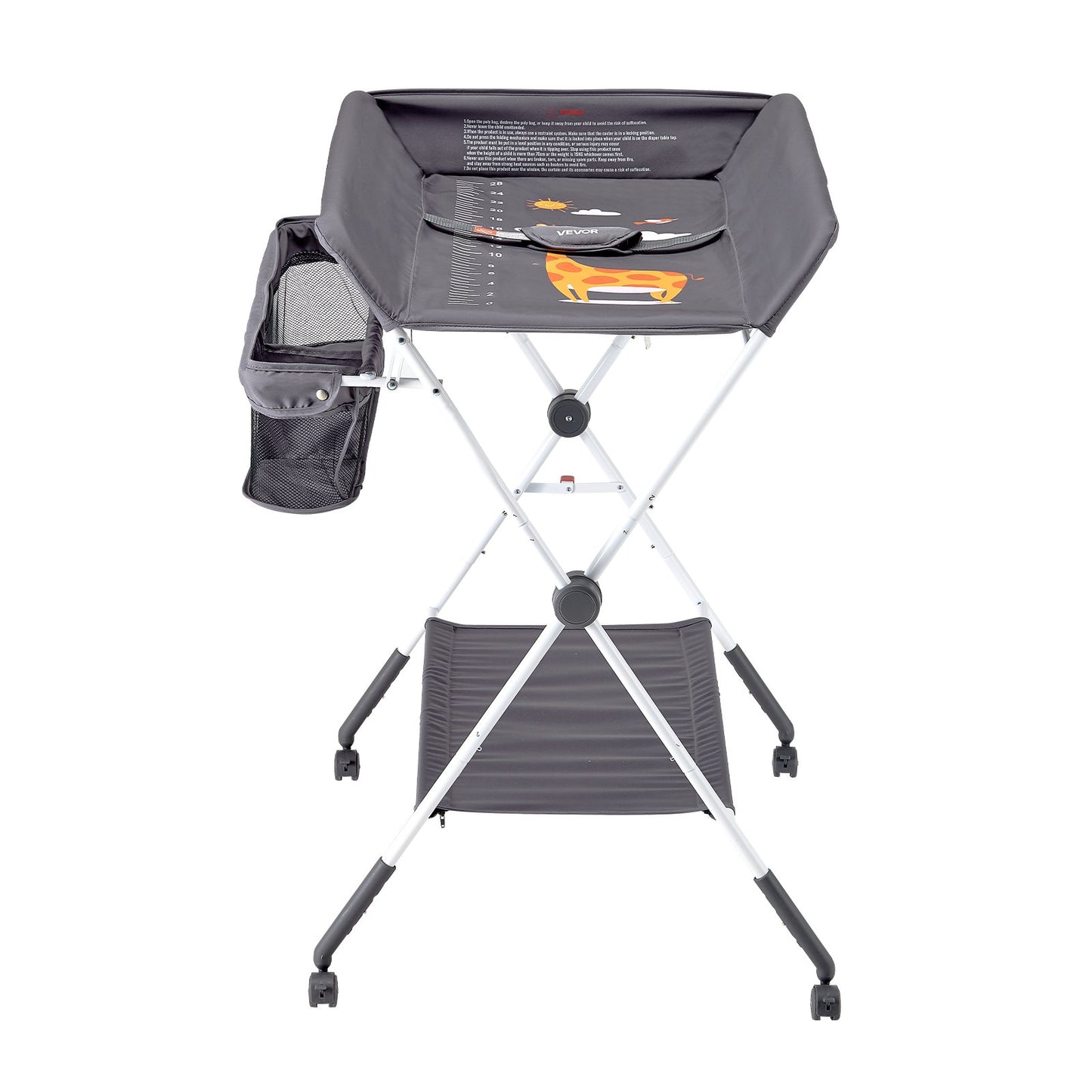 Baby Changing Table, Foldable Diaper Change Station with Side Basket, Adjustable Height Portable Changing Table with Lockable Wheels, Multi-Functional Storage Organizer Nursery, Dark Gray