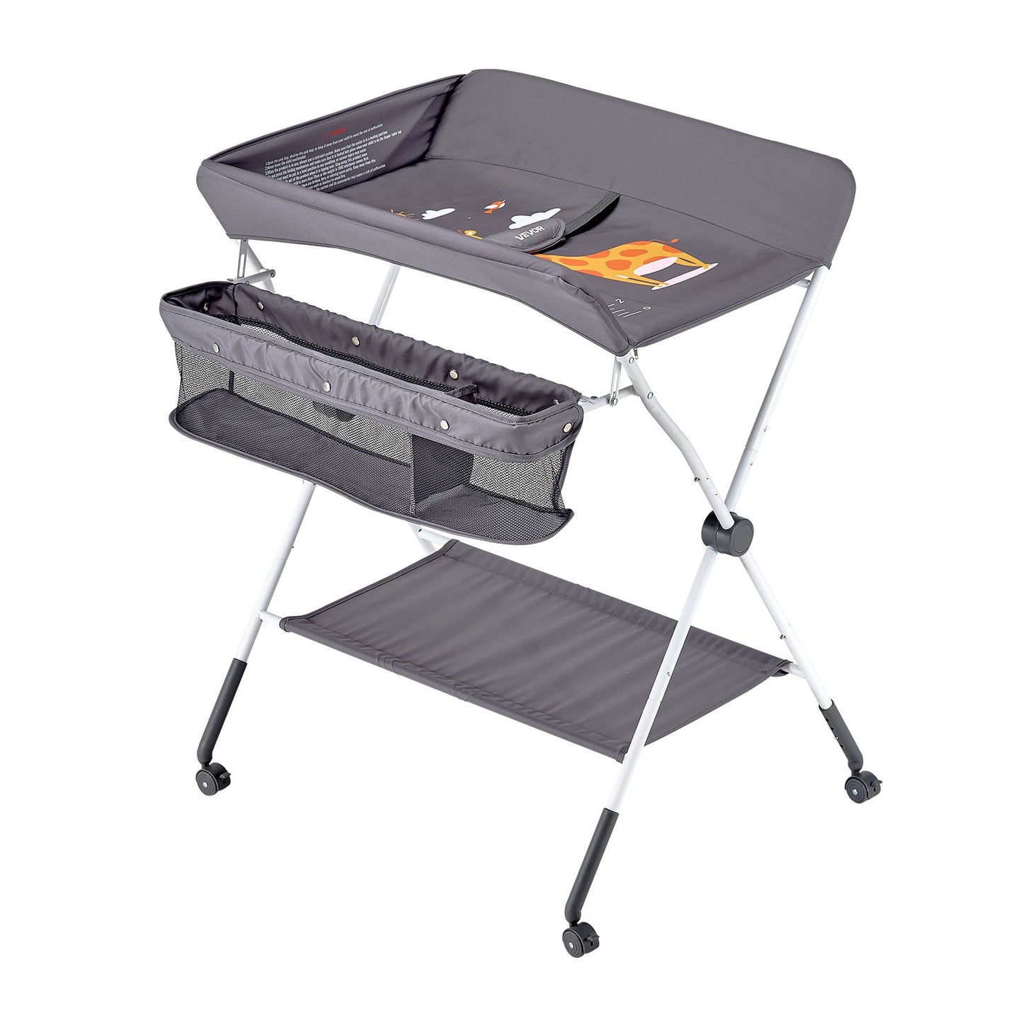 Baby Changing Table, Foldable Diaper Change Station with Side Basket, Adjustable Height Portable Changing Table with Lockable Wheels, Multi-Functional Storage Organizer Nursery, Dark Gray