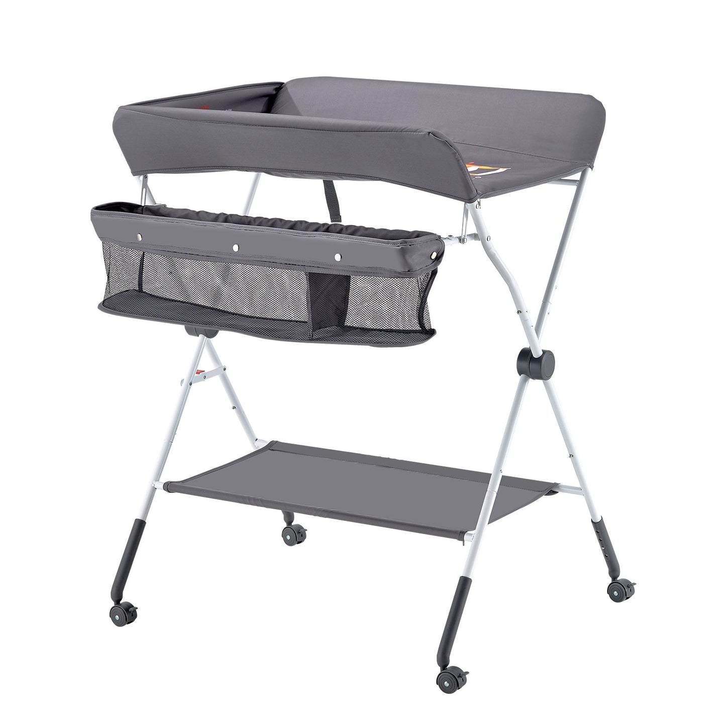 Baby Changing Table, Foldable Diaper Change Station with Side Basket, Adjustable Height Portable Changing Table with Lockable Wheels, Multi-Functional Storage Organizer Nursery, Dark Gray