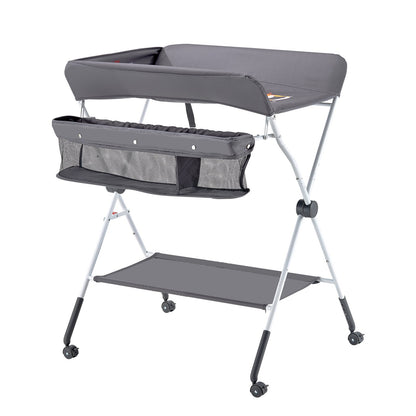 Baby Changing Table, Foldable Diaper Change Station with Side Basket, Adjustable Height Portable Changing Table with Lockable Wheels, Multi-Functional Storage Organizer Nursery, Dark Gray