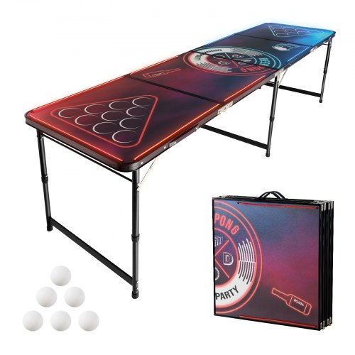 8 Foot Portable Beer Pong Table, LED Lights, Foldable Tailgate Table with Carrying Handles and 6 Pong Balls, Adjustable Height, Lightweight Table for Office, Tailgate Party, Travel & Camping