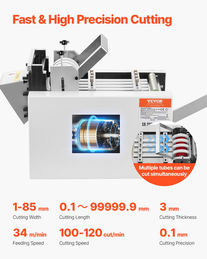 Auto Heat-Shrink Tube Cutter, Cable Pipe Cutting Machine with 1mm-85mm Cutting Width, 0.1mm-99999.9mm Length, Automatic Tube Cutter for Heat Shrink Tube, Fiberglass Tube, Cable, Yellow Wax Tubes