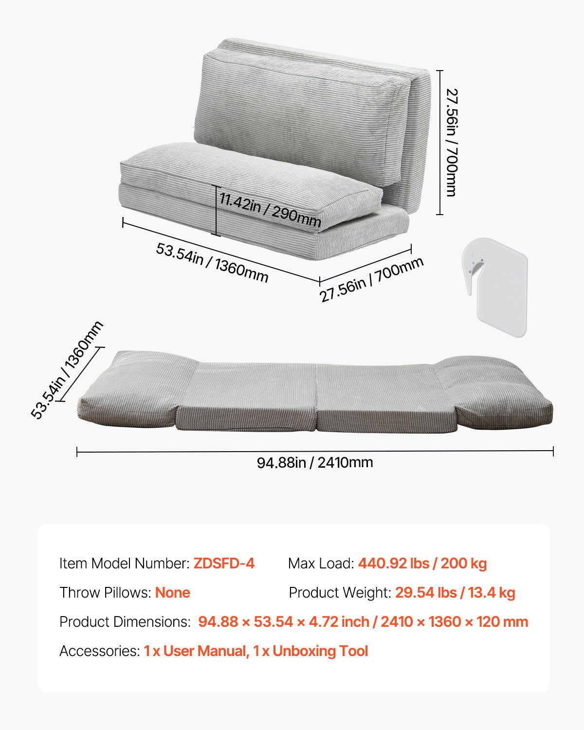 Folding Sofa Bed, 3-in-1 Foldable Couch Bed with Washable Cover, 25D High Density Memory Foam Convertible Sleeper Chair Bed, Futon Couch for Living Room, Bedroom, Guest, Light Grey(Full)