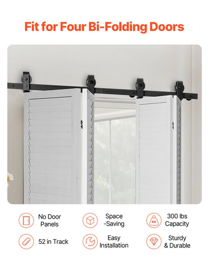 Bi-Folding Sliding Barn Door Hardware Track Kit, 52" Top Mount Track Kit, Slide Smoothly & Quietly, Heavy Duty, Easy to Install, Suitable for Four 12" Closet Pantry Laundry Doors (Not Included)