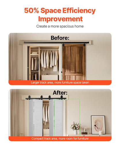 Bi-Folding Sliding Barn Door Hardware Track Kit, 52" Top Mount Track Kit, Slide Smoothly & Quietly, Heavy Duty, Easy to Install, Suitable for Four 12" Closet Pantry Laundry Doors (Not Included)