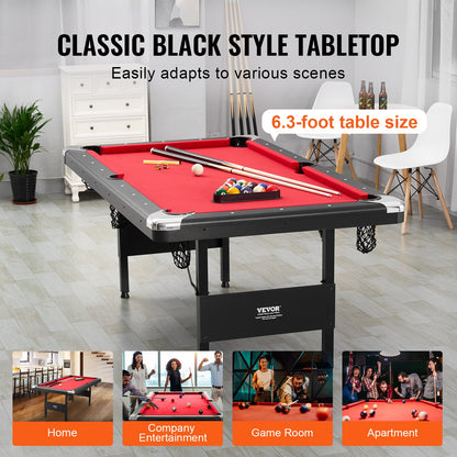 Billiards Table, 192 cm Pool Table, Portable Foldable Space-Saving Table, Billiard Table Set Includes Balls, Cues, Chalks and Brush, Black with Red Cloth, Perfect for Family Game Room Kid Adult