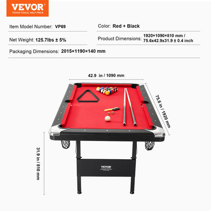 Billiards Table, 192 cm Pool Table, Portable Foldable Space-Saving Table, Billiard Table Set Includes Balls, Cues, Chalks and Brush, Black with Red Cloth, Perfect for Family Game Room Kid Adult