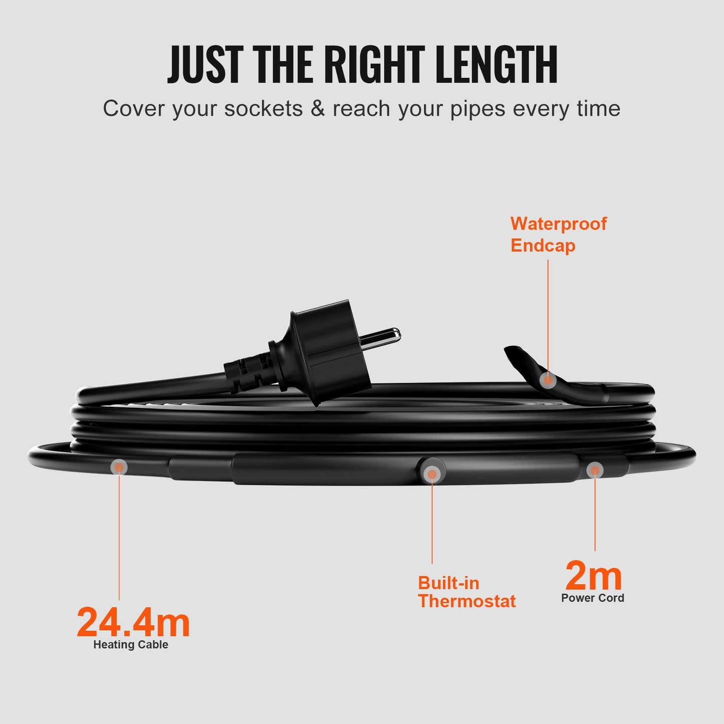 Self-Regulating Pipe Heating Cable, 24.4m 16.4W/m Heat Tape for Pipes Freeze Protection, Water Pipe Heat Cable with Built-in Thermostat Protects PVC Hose, Metal and Plastic Pipe from Freezing