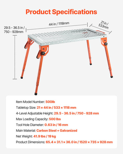 Foldable Welding Table 44" x 21", 500LBS Capacity Welding Workbench with 4-Level Adjustable Height, Carbon Steel Work Bench with 6 Tool Slots & 0.63" Fixture Holes for Welding Assembly Repair