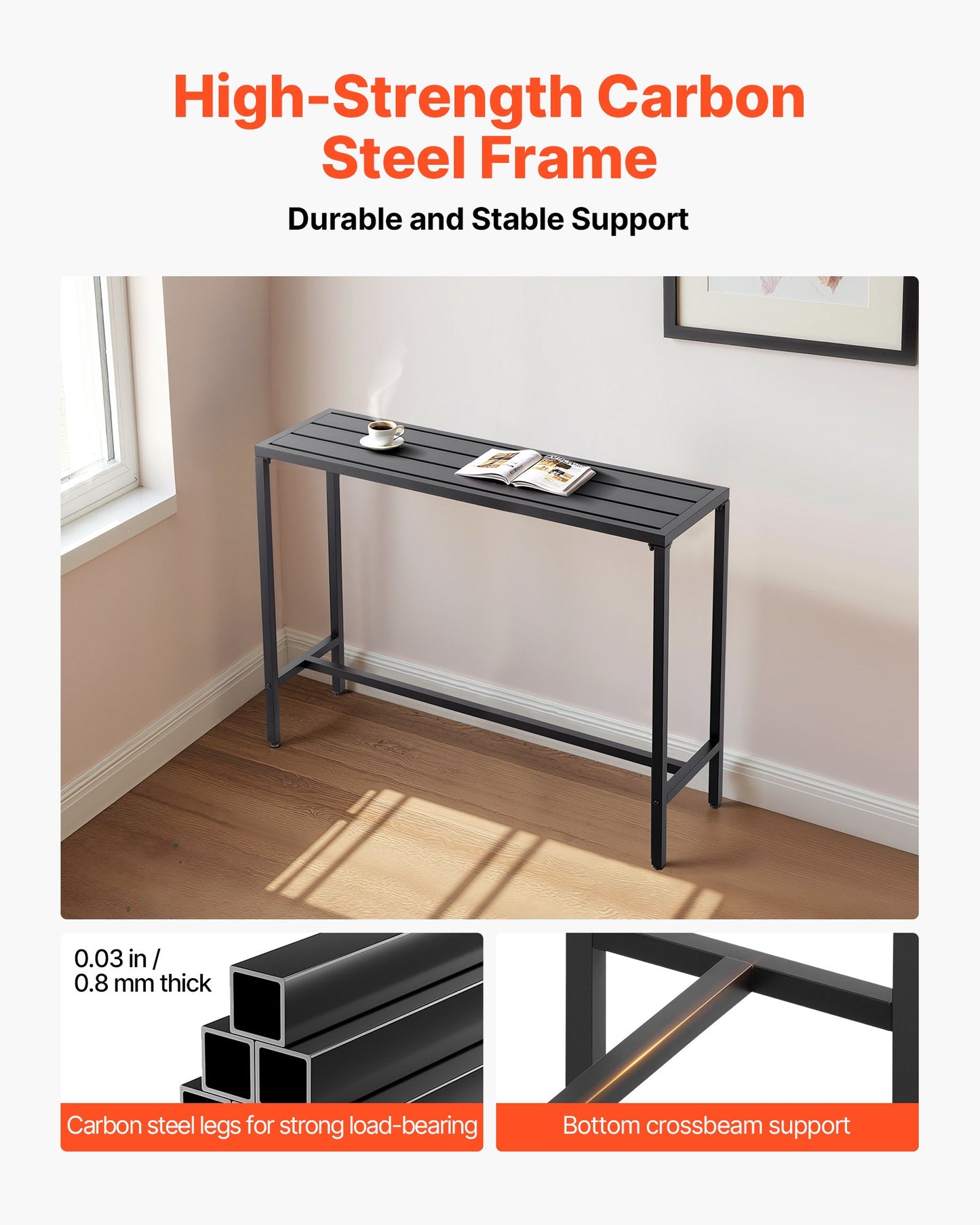 Barbord för utomhusbruk, 120 x 37,5 cm barbord för uteplats, vattentät bordsskiva och robust metallram, matbord i rektangulärt utförande, utemöbler för balkong, trädgård, bubbelpool, pool, inomhusbruk