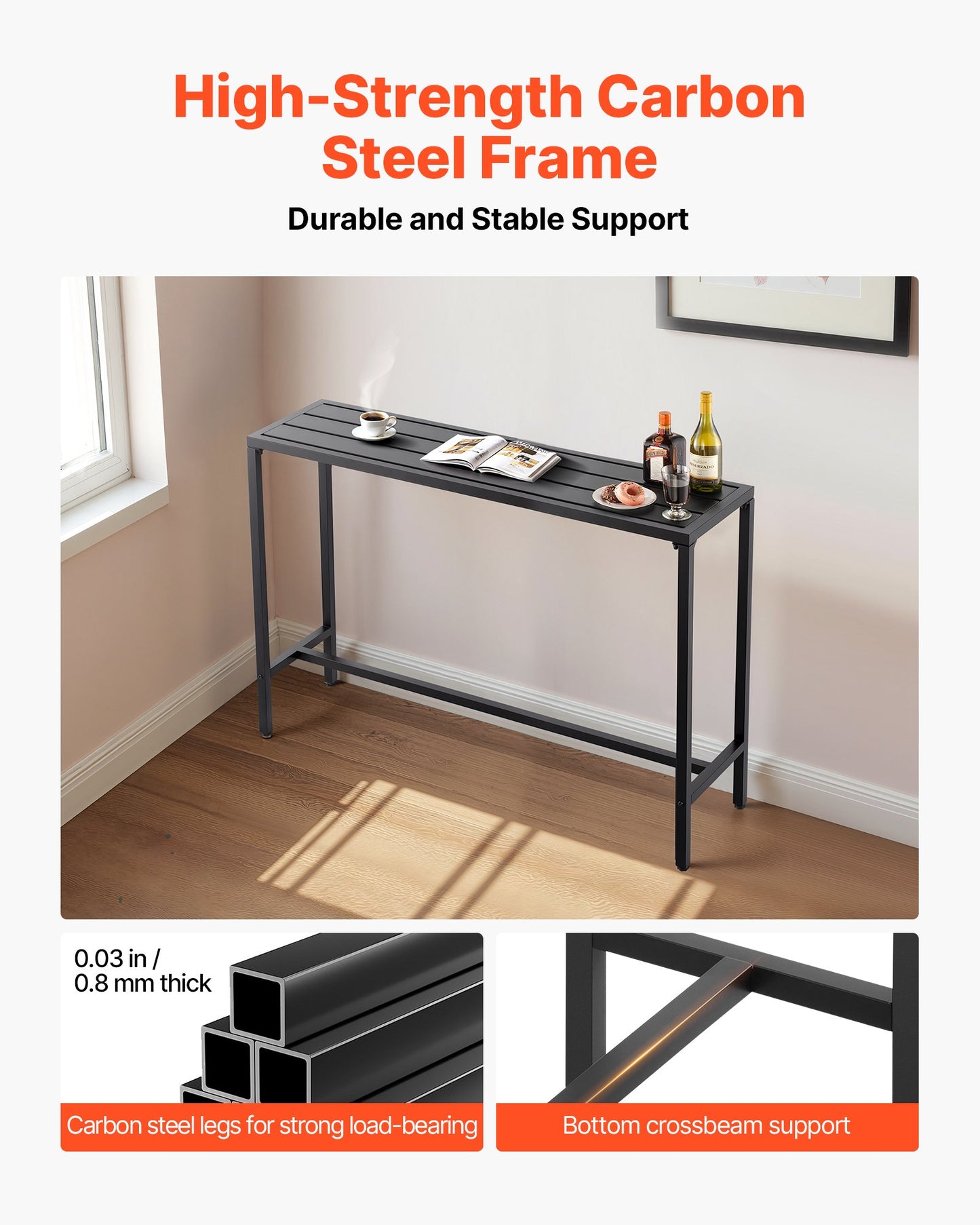 Barbord för utomhusbruk, 140 x 37,5 cm barbord för uteplats, vattentät bordsskiva och robust metallram, matbord i rektangulär bänkhöjd, utemöbler för balkong, trädgård, bubbelpool, pool, inomhusbruk