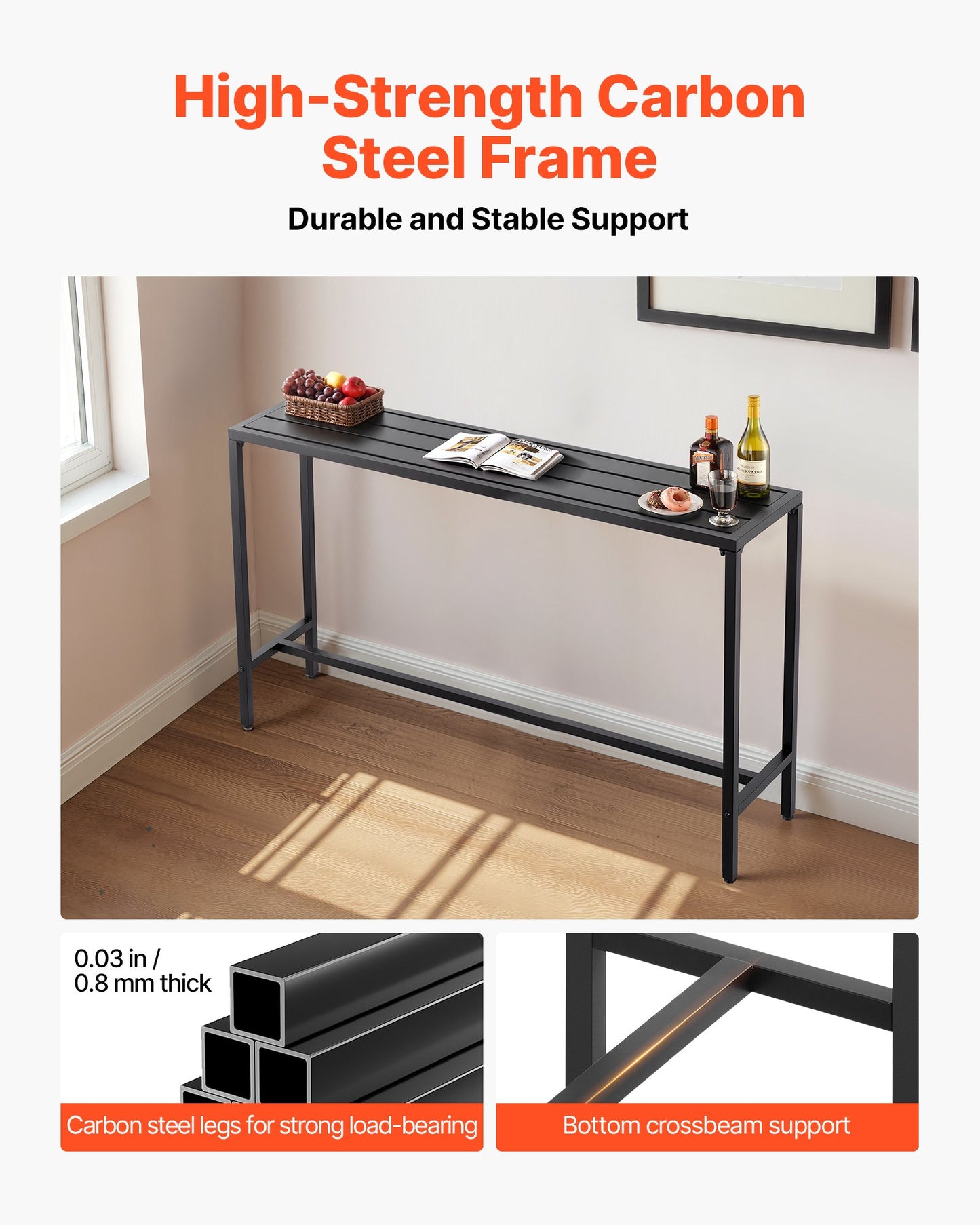 Outdoor Bar Table, 160 x 37.5 cm Patio Bar Table, Waterproof Top & Sturdy Metal Frame, Rectangle Counter Height Dining Tables, Outdoor Furniture for Balcony, Yard, Hot Tub, Poolside, Indoor