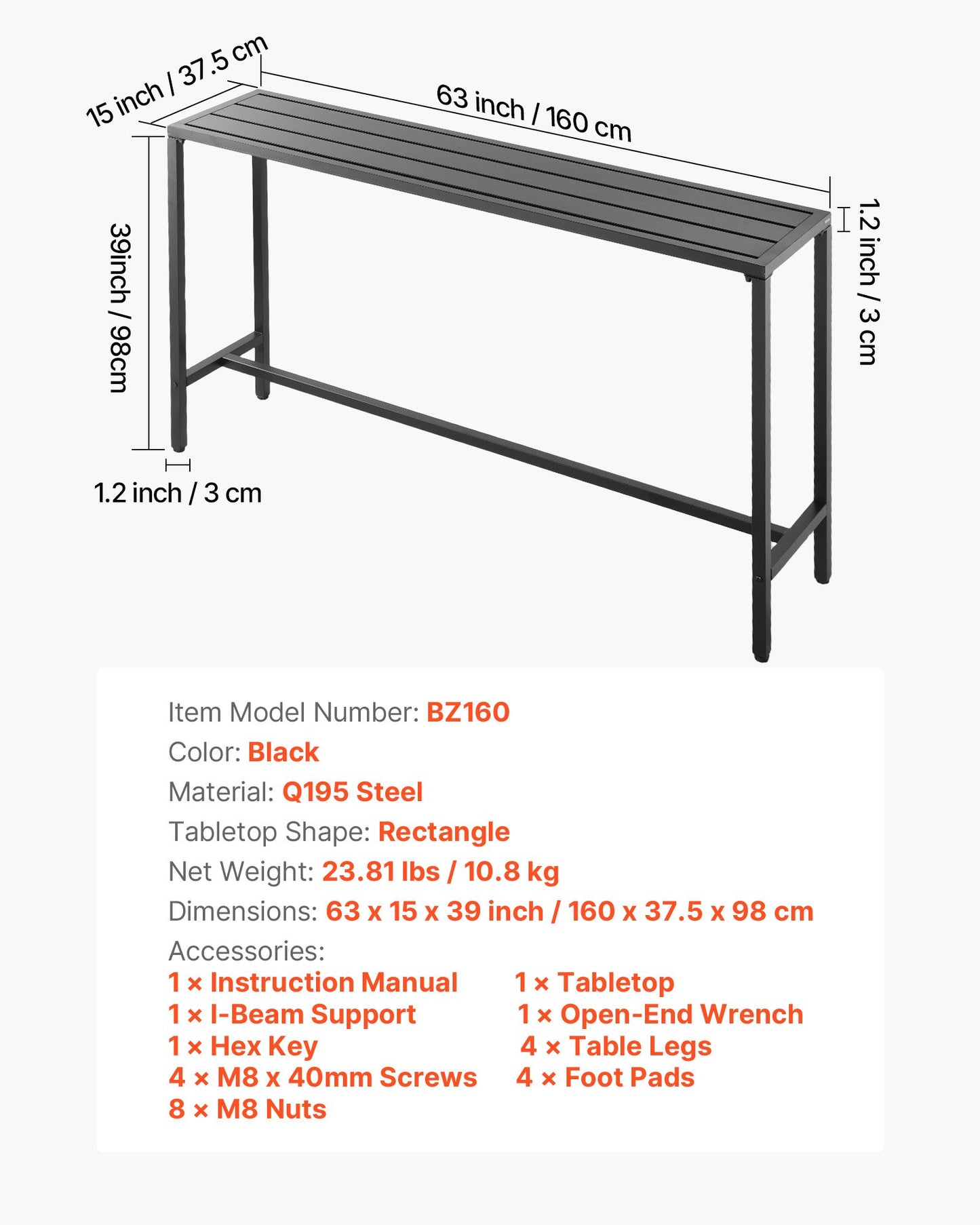 Outdoor Bar Table, 160 x 37.5 cm Patio Bar Table, Waterproof Top & Sturdy Metal Frame, Rectangle Counter Height Dining Tables, Outdoor Furniture for Balcony, Yard, Hot Tub, Poolside, Indoor