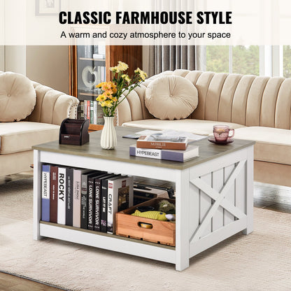 31.5" Farmhouse Coffee Table, Square Coffee Table with Open Storage Compartment, Wooden Rustic Cocktail Table for Living Room, Bedroom, Apartment, Studio, Gray & White