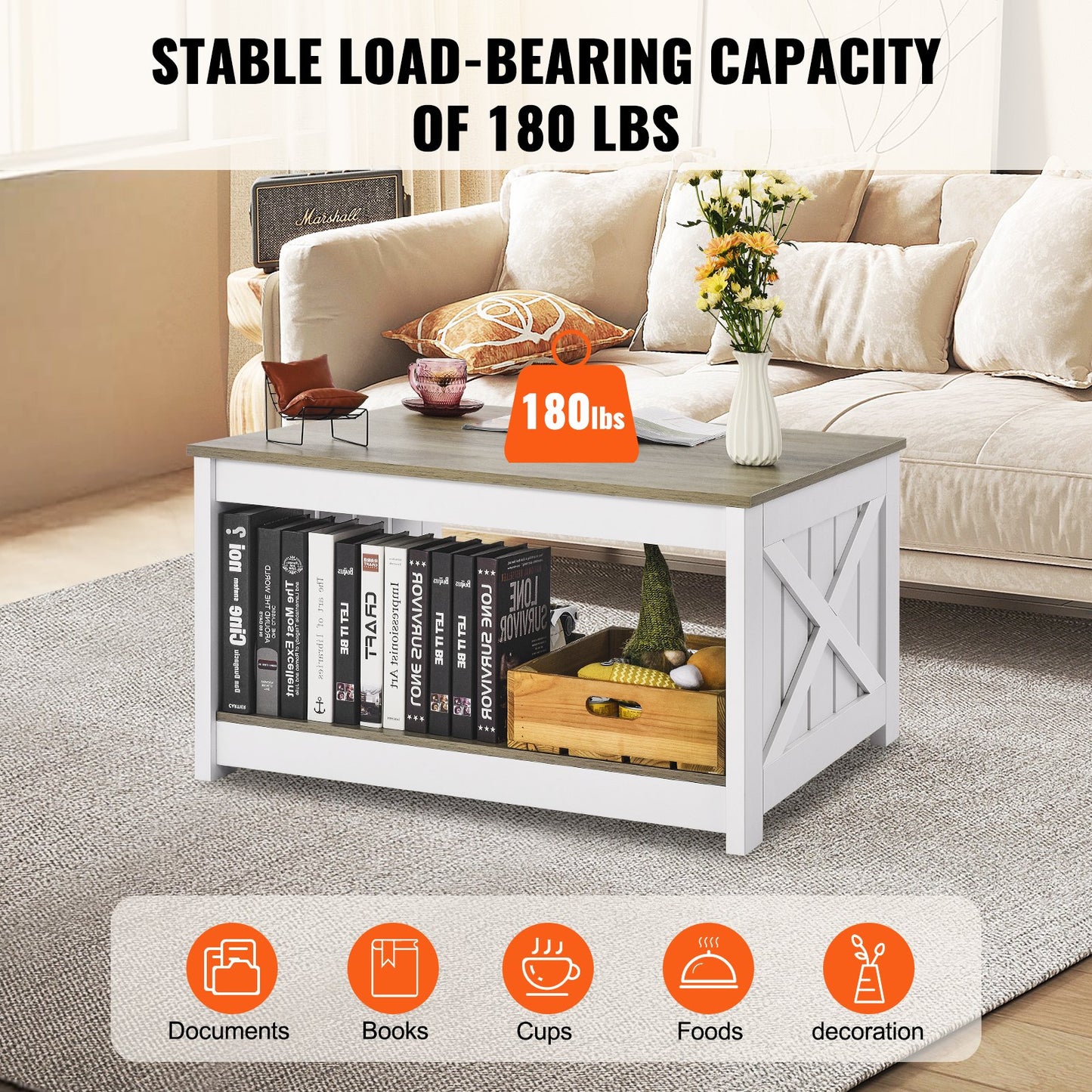 31.5" Farmhouse Coffee Table, Square Coffee Table with Open Storage Compartment, Wooden Rustic Cocktail Table for Living Room, Bedroom, Apartment, Studio, Gray & White