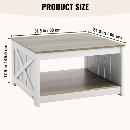 31.5" Farmhouse Coffee Table, Square Coffee Table with Open Storage Compartment, Wooden Rustic Cocktail Table for Living Room, Bedroom, Apartment, Studio, Gray & White