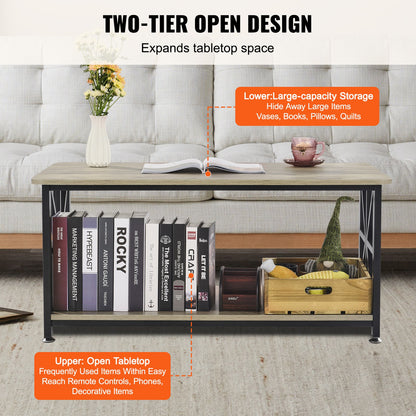 40" Farmhouse Coffee Table, Rectangle Coffee Table with Open Storage Compartment, Wooden Rustic Cocktail Table for Living Room, Bedroom, Apartment, Studio, Brown & Black