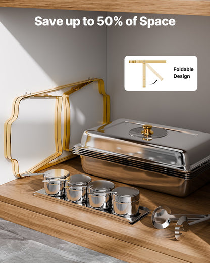 Varmfatbufféset, 4 liter, 2-pack, rostfritt stålvärmare med 4 halvstora pannor, rektangulär cateringvärmare med glaslock, vattenpanna, hopfällbart stativ, bränslehållare, för bröllopsfest, bankett